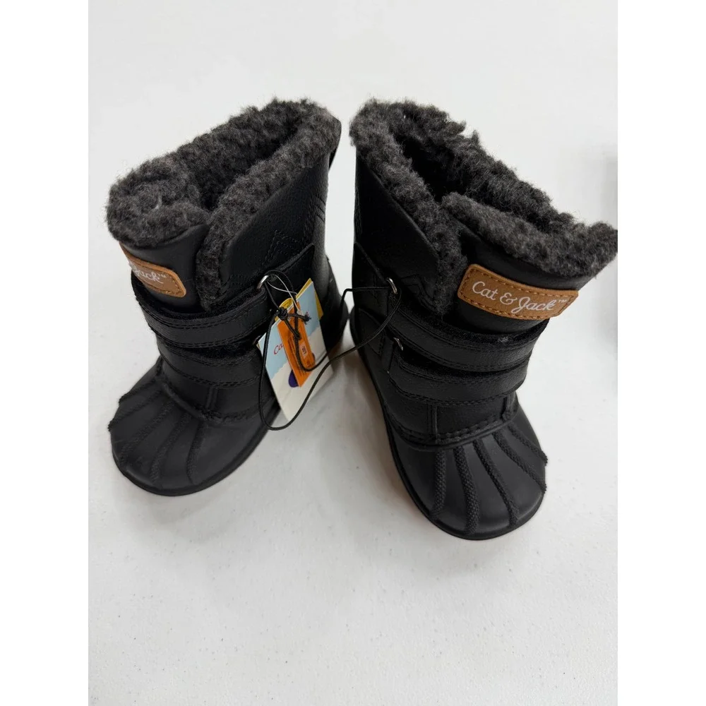 Cat & Jack Toddler Boys Black Winter Duck Boots Faux Fur Lined Size 6 NWT